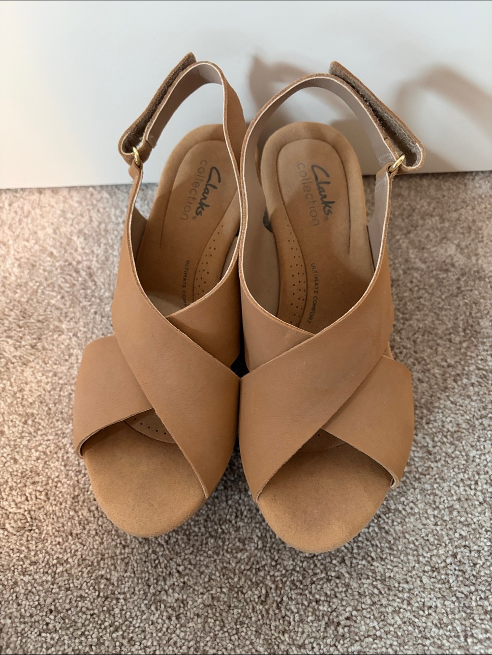 Clarks Tan Crisscross Wedge Slingback Sandals